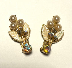 Mid-century Austrian faux pearl and aurora borealis rhinestone clip-on earrings