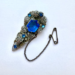 Art deco Czech glass filigree dress clip with sapphire-blue glass stones