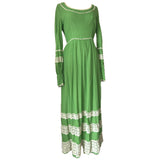 Spring green vintage hippy maxi dress with cream crochet lace trim