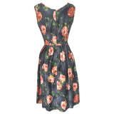 Charcoal grey vintage 1950s cotton day dress with orange and pink rose print