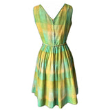 Green and yellow check vintage 1950s belted day dress