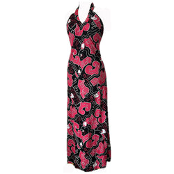 Hot pink and black vintage 1970s halterneck maxi dress