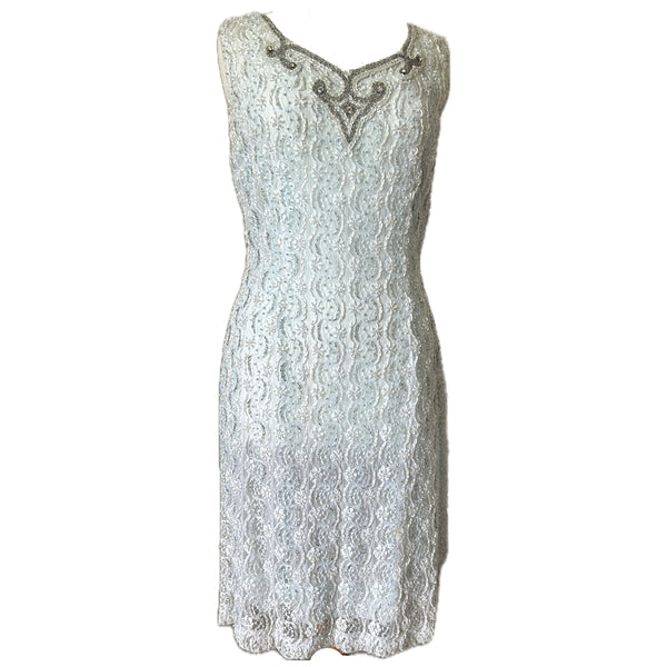 Ice blue lace bead embellished 1950s cocktail dress