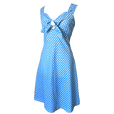 Sky blue and white polkadot tie bust 1970s sun dress
