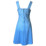 Sky blue and white polkadot tie bust 1970s sun dress
