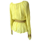 Sheer lemon yellow chiffon 1960s peasant blouse with brown and orange smocking