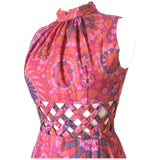 Peekaboo waist pink and orange psychedelic vintage 1960s maxi dress