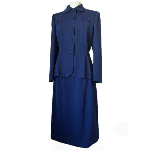 Divine Art Deco stitching 1940s navy blue gabardine skirt suit
