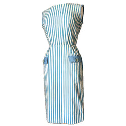 Nautical stripe cotton vintage 1950s button back day dress
