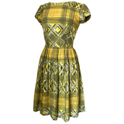 Yellow ochre vintage 1950s abstract print cotton day dress