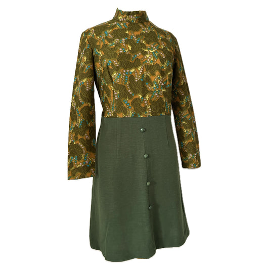 Olive green vintage 1960s psychedelic bodice day dress