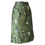 Olive green vintage 1950s floral cotton sateen skirt suit