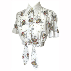 Sleepy owl print vintage 1970s wing collar crop blouse