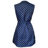 Navy and white polkadot belted 1960s nylon dress with flower buttons