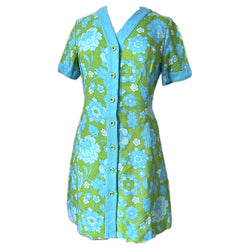 Mini-robe moygashel vintage florale vert lime et bleu des années 1960