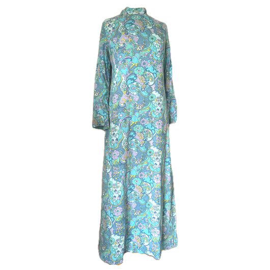 Psychedelic flower power vintage 1960s trumpet sleeved maxi dress