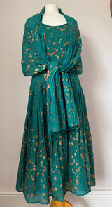 Monsoon 1980s emerald green and gold Indian cotton sundress with matching shawl