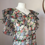 Authentic vintage 1930s Art Deco flutter sleeved floral chiffon evening dress