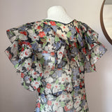 Authentic vintage 1930s Art Deco flutter sleeved floral chiffon evening dress
