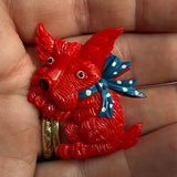 Vintage novelty red Scottie dog brooch with polka dot bow