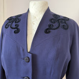 Deco navy vintage 1940s tailored worsted jacket with velvet scroll motifs