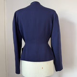 Deco navy vintage 1940s tailored worsted jacket with velvet scroll motifs