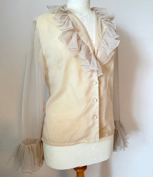 Cream chiffon vintage 1960s ruffle trim blouse
