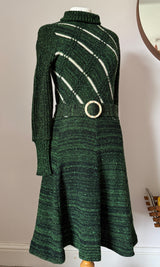 Forest green vintage 1970s knitted dress with circle buckle belt - Candy Says Vintage Clothing UK