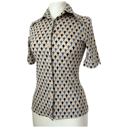 Londonpride stretchy vintage geo print 1970s short sleeved wing collar shirt - Candy Says Vintage Clothing UK