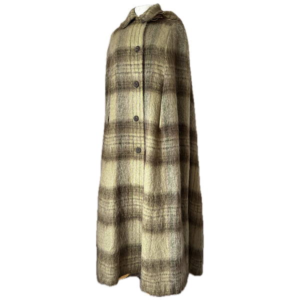 Olive green plaid check mohair wool hooded maxi cape - Candy Says Vintage Clothing UK