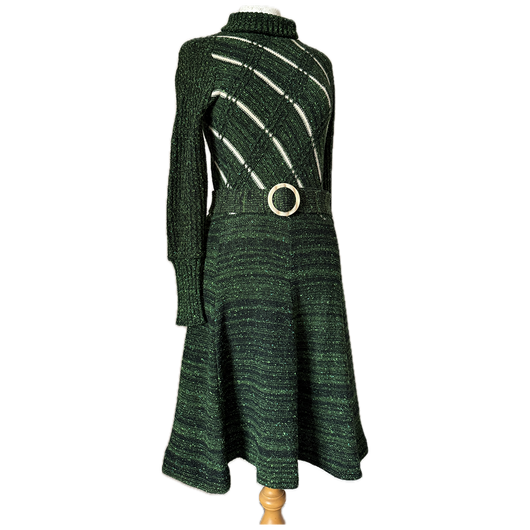 Forest green vintage 1970s knitted dress with circle buckle belt - Candy Says Vintage Clothing UK