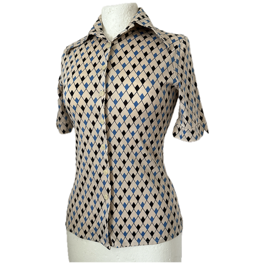 Londonpride stretchy vintage geo print 1970s short sleeved wing collar shirt - Candy Says Vintage Clothing UK