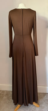 Chocolate brown vintage 1970s gathered bust maxi dress with rhinestone ring