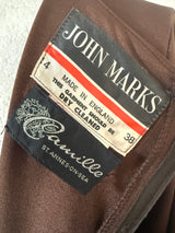 Chocolate brown vintage 1970s gathered bust maxi dress with rhinestone ring