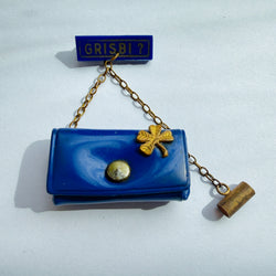Rare novelty 1940s vintage cobalt blue tiny purse brooch