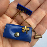 Rare novelty 1940s vintage cobalt blue tiny purse brooch