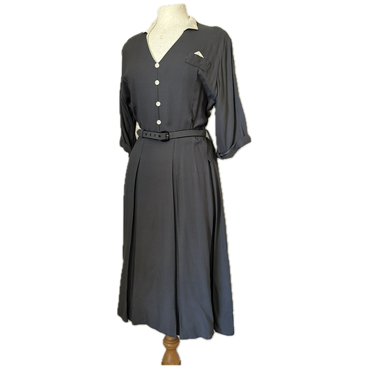 Slate grey smart vintage 1940s belted day dress