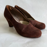 Chestnut brown suede vintage 1940s babydoll heeled shoes UK 5