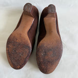 Chestnut brown suede vintage 1940s babydoll heeled shoes UK 5