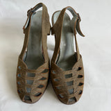 Olive green suede 1940s peep toe slingback high heeled shoes