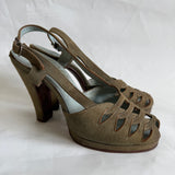 Olive green suede 1940s peep toe slingback high heeled shoes