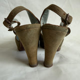 Olive green suede 1940s peep toe slingback high heeled shoes