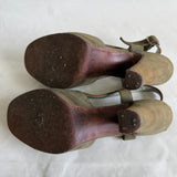 Olive green suede 1940s peep toe slingback high heeled shoes