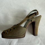 Olive green suede 1940s peep toe slingback high heeled shoes