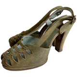 Olive green suede 1940s peep toe slingback high heeled shoes