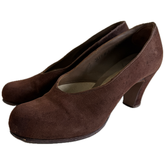 Chestnut brown suede vintage 1940s babydoll heeled shoes UK 5