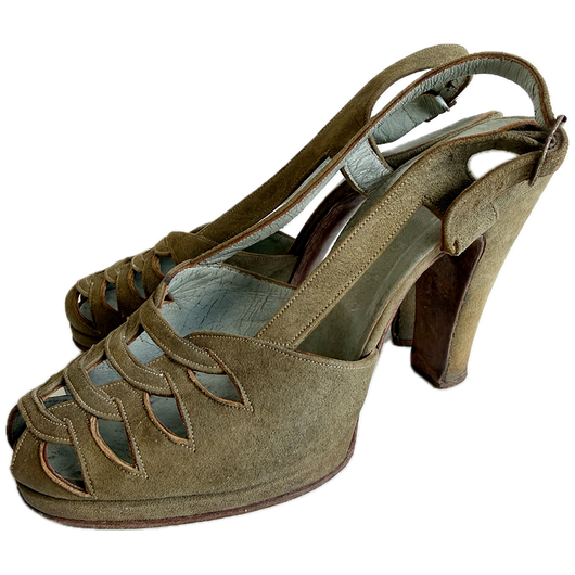 Olive green suede 1940s peep toe slingback high heeled shoes