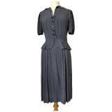 Navy and white check rayon 1940s peplum day dress