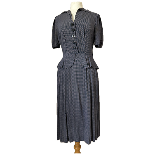 Navy and white check rayon 1940s peplum day dress