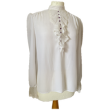 Vintage 1970s white chiffon blouse with lace trim jabot